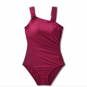 Asymmetrical Shoulder One Piece Swimsuit burgundy XL 16-18